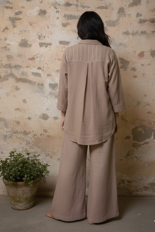 Light Brown Cotton Flex Co-Ord Set with Hand-Embroidered Sunflower Motif