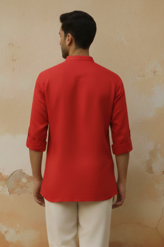 Rust Orange Cotton Flex Half Kurta with Hand-Embroidered Sunflower Motif.