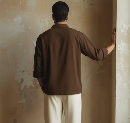 Dark Brown Cotton Flex Half Kurta with Hand-Embroidered Sunflower Motif.