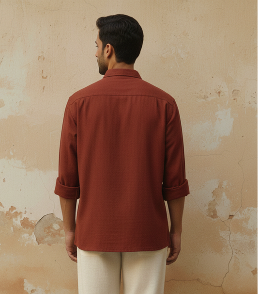 Brick Color Cotton Flex Relaxed Fit Shirt with Hand-Embroidered Sunflower Motif