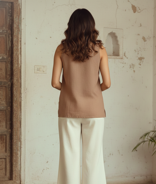 Light Brown Cotton Flex A-Line Top with Hand-Embroidered Sunflower Motif