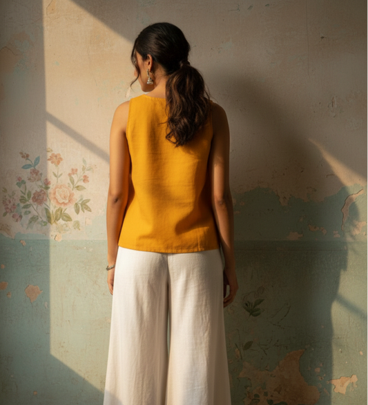 Mustard Cotton Flex A-Line Top with Hand-Embroidered Sunflower.