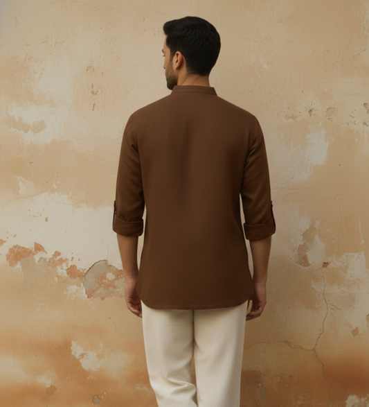 Dark Brown Cotton Flex Half Kurta with Hand-Embroidered Sunflower Motif.
