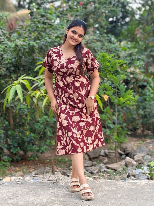 Maroon Floral Printed Pure Cotton Dress