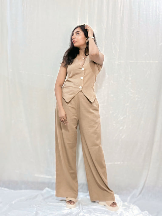 Women's Solid Brown Cotton Waistcoat Co-ord Set.