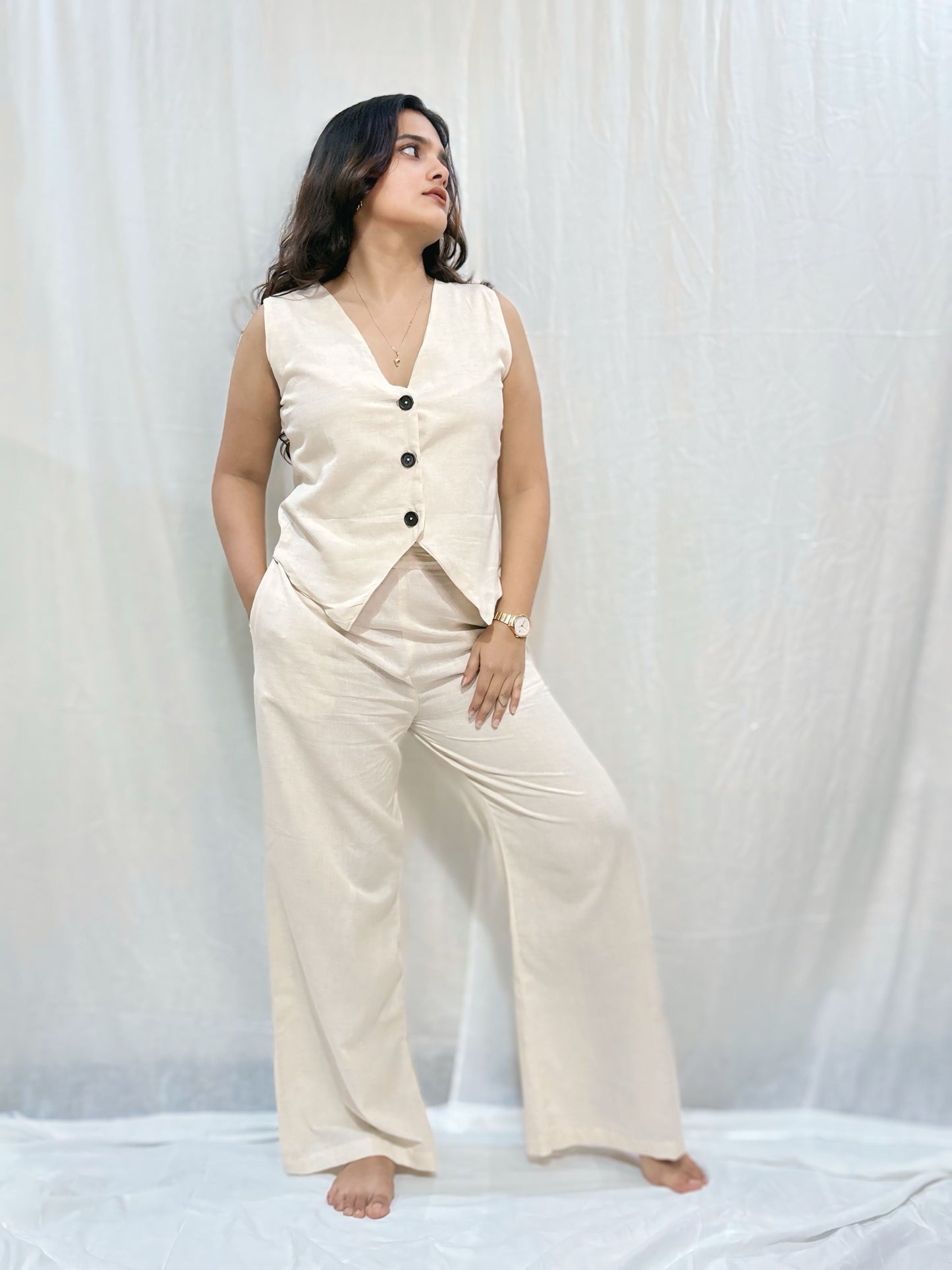 Women's Sleeveless Beige Waistcoat Co-ord Set.