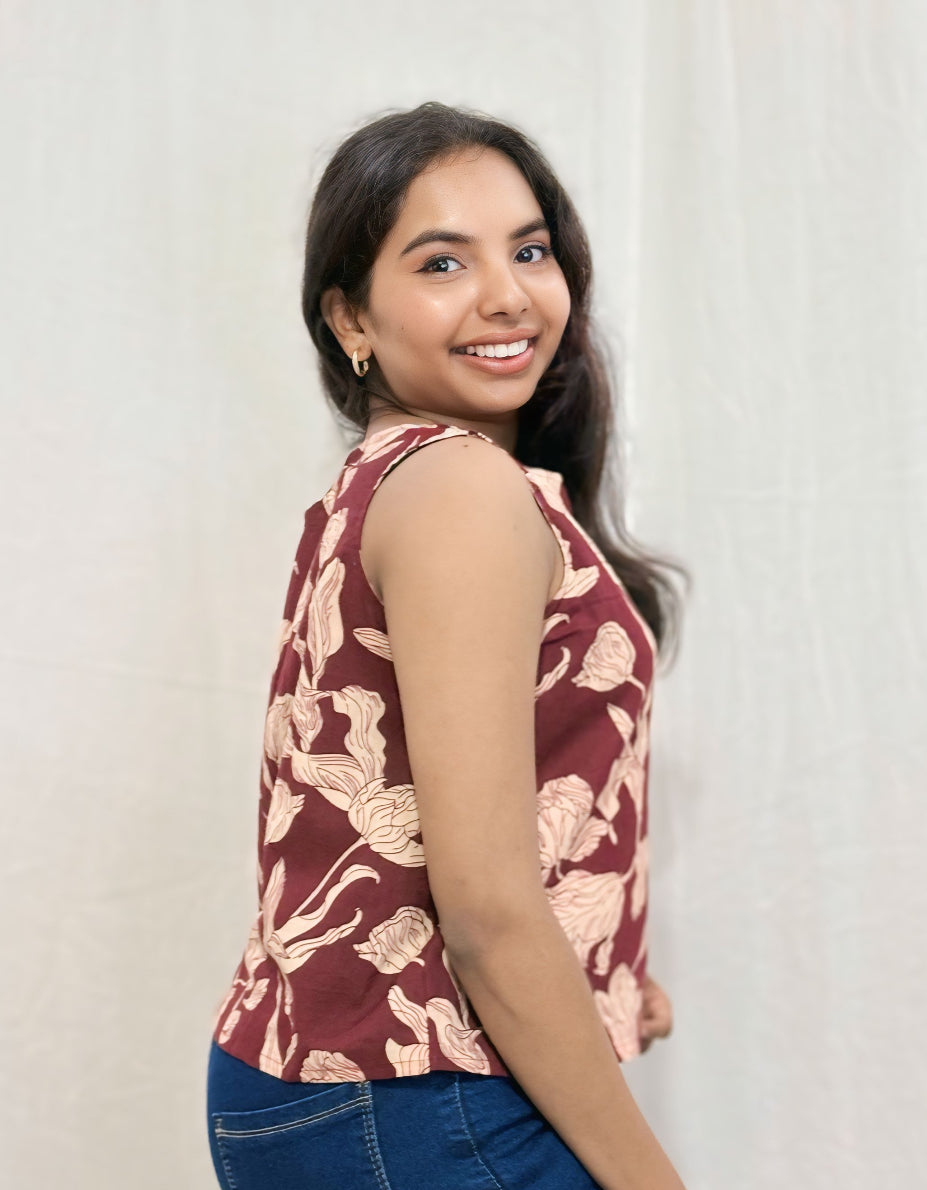 Maroon Floral Printed Cotton Top.