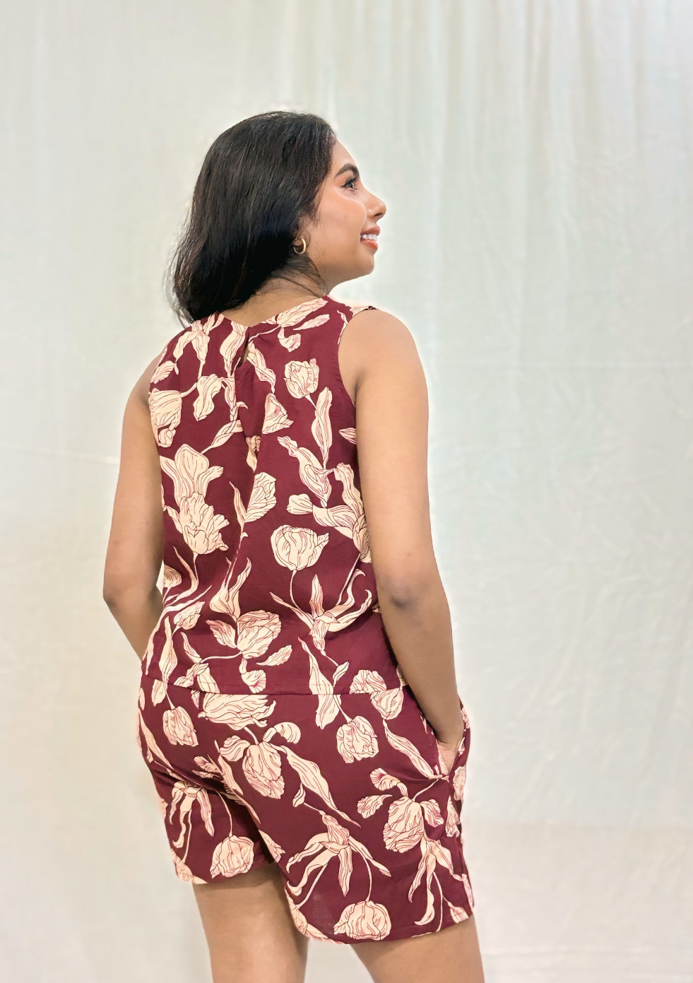 Maroon Floral Cotton Co-ord Shorts Set