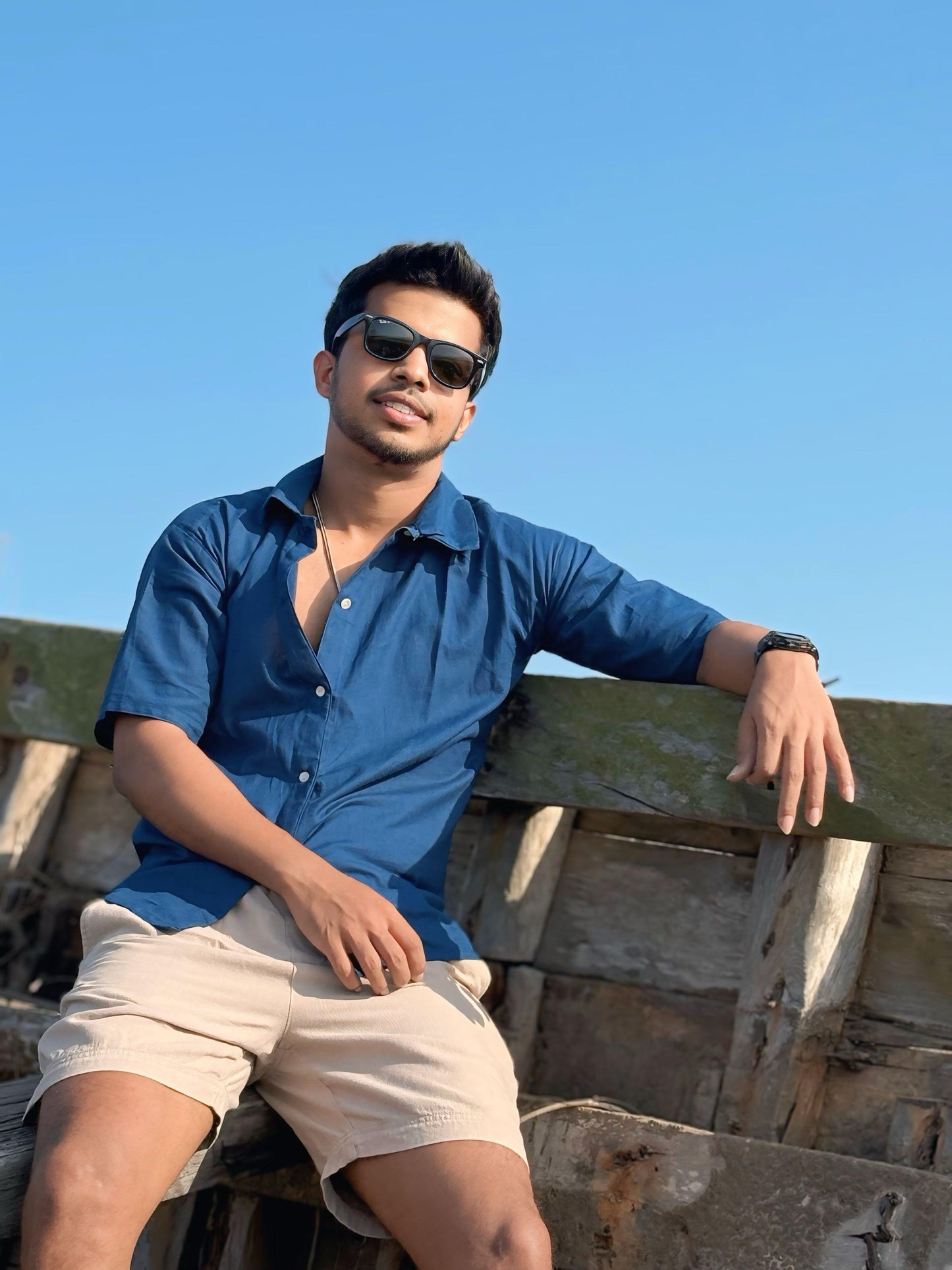 Navy Blue Cotton Flex Shirt.