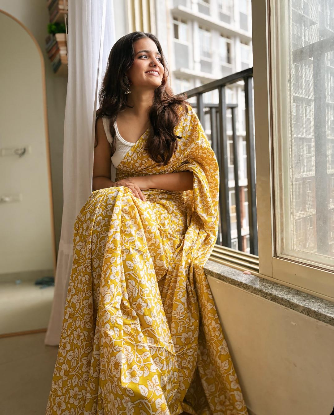 Mustard floral printed cotton saree