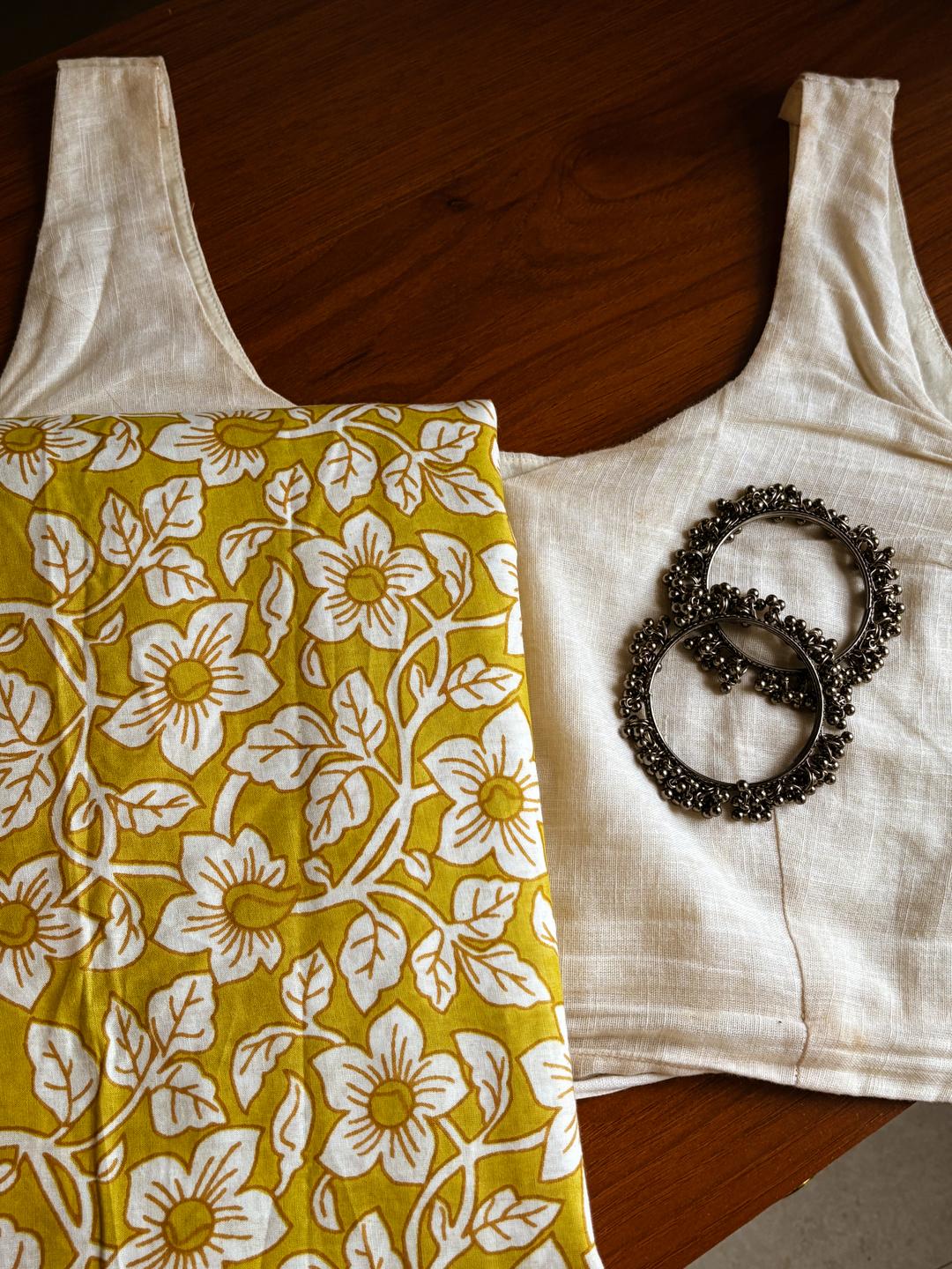 Mustard floral printed cotton saree