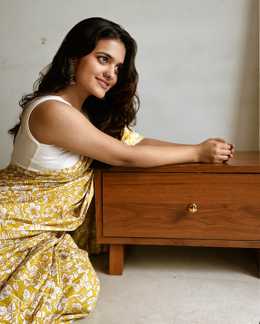 Mustard Yellow Floral Printed Cotton Saree