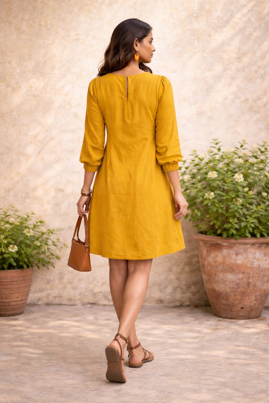 Mustard Cotton Flex A-Line Dress with Hand-Embroidered Sunflower Motif