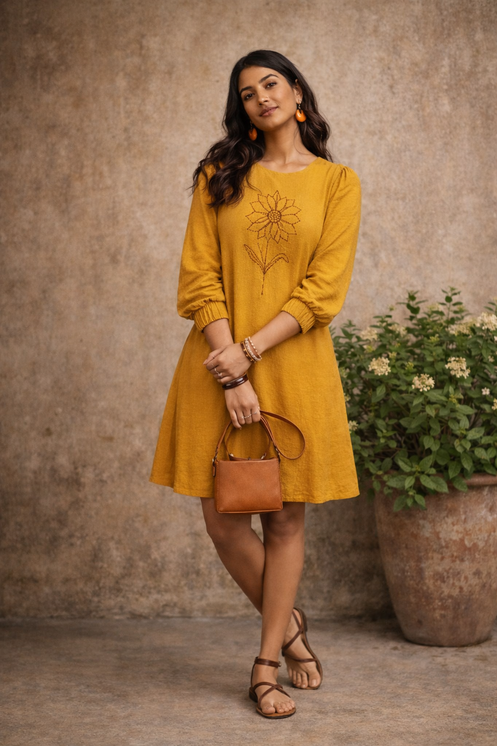 Mustard Cotton Flex A-Line Dress with Hand-Embroidered Sunflower Motif