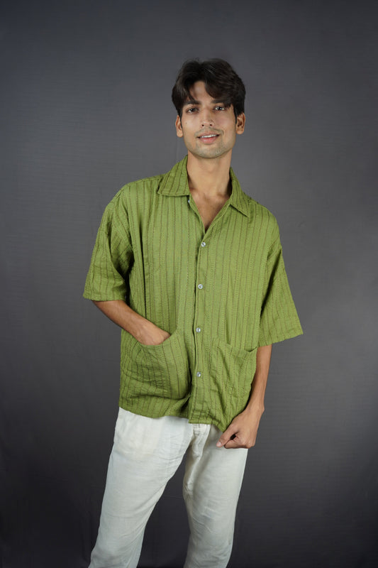 Olive green all-over threadwork oversized shirt.