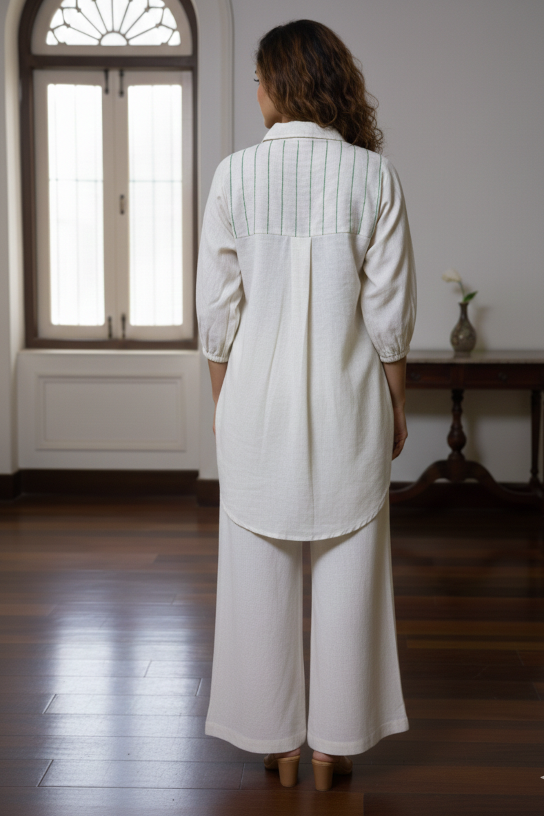 Ivory Cotton Flex Co-Ord Set with Hand-Embroidered Sunflower Motif.