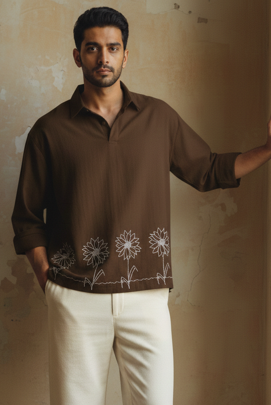 Dark Brown Cotton Flex Half Kurta with Hand-Embroidered Sunflower Motif.