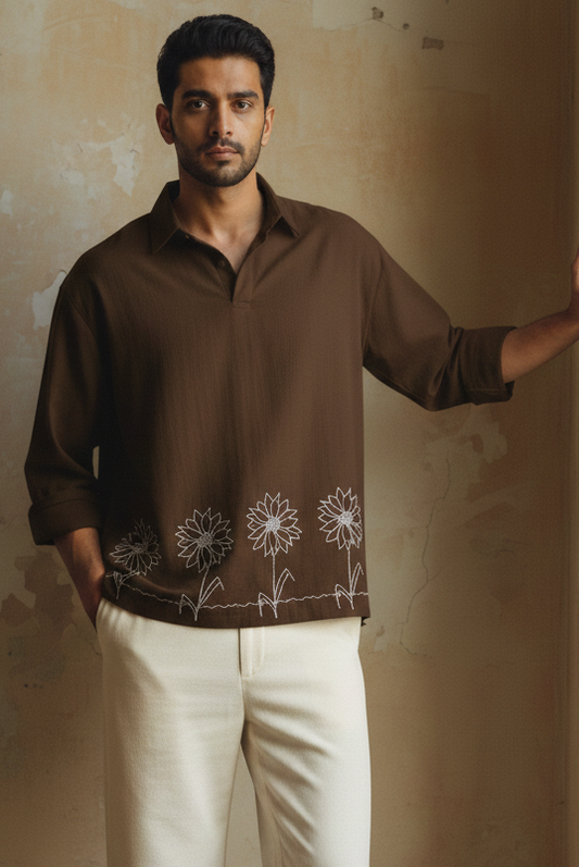 Dark Brown Cotton Flex Half Kurta with Hand-Embroidered Sunflower Motif.