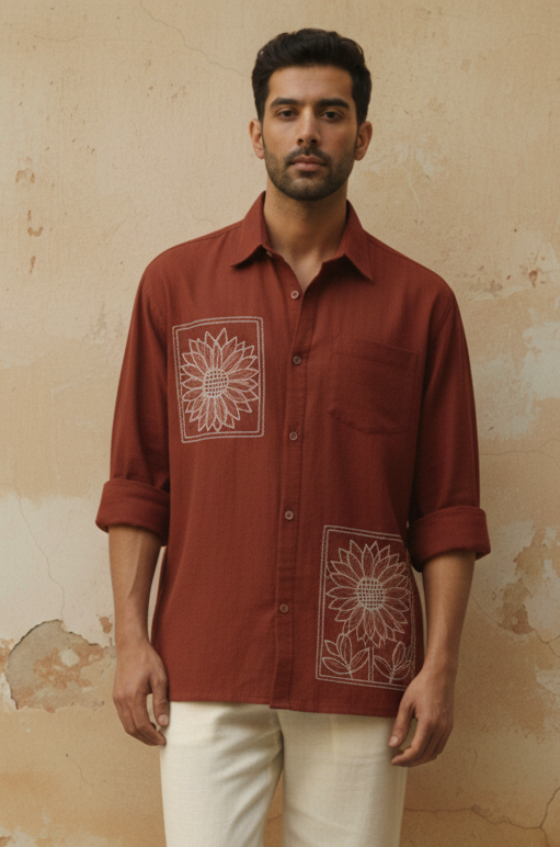 Brick Color Cotton Flex Relaxed Fit Shirt with Hand-Embroidered Sunflower Motif