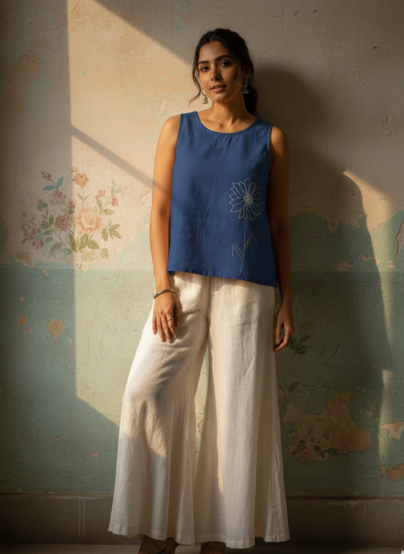 Navy Blue Cotton Flex A-Line Top with Hand-Embroidered Sunflower Motif.