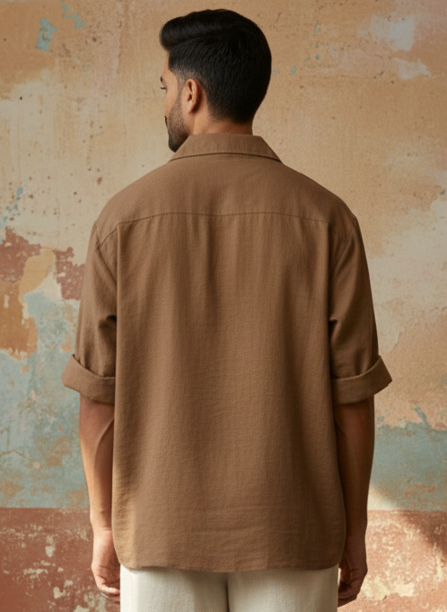 Light Brown Cotton Flex Oversized Shirt with Hand-Embroidered Sunflower.