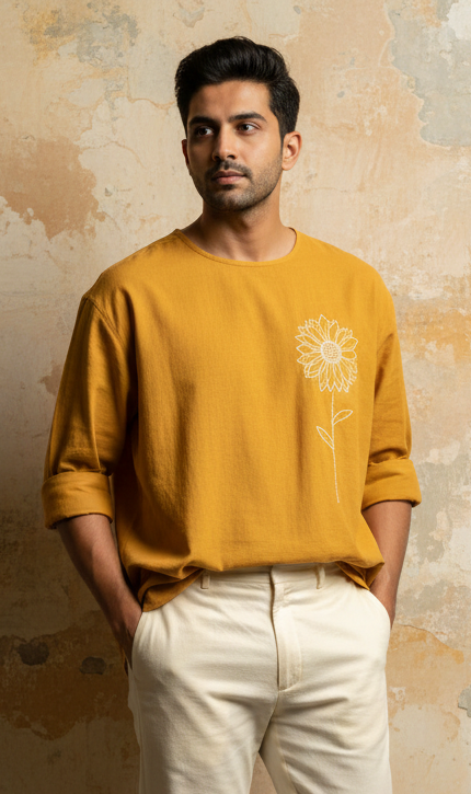 Mustard Cotton Flex Half Kurta with Hand-Embroidered Sunflower Motif.