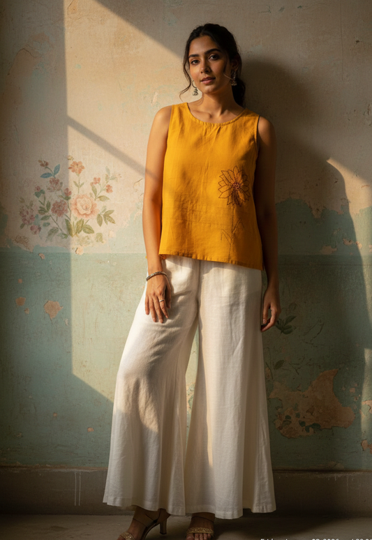 Mustard Cotton Flex A-Line Top with Hand-Embroidered Sunflower.