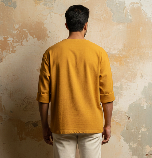 Mustard Cotton Flex Half Kurta with Hand-Embroidered Sunflower Motif.