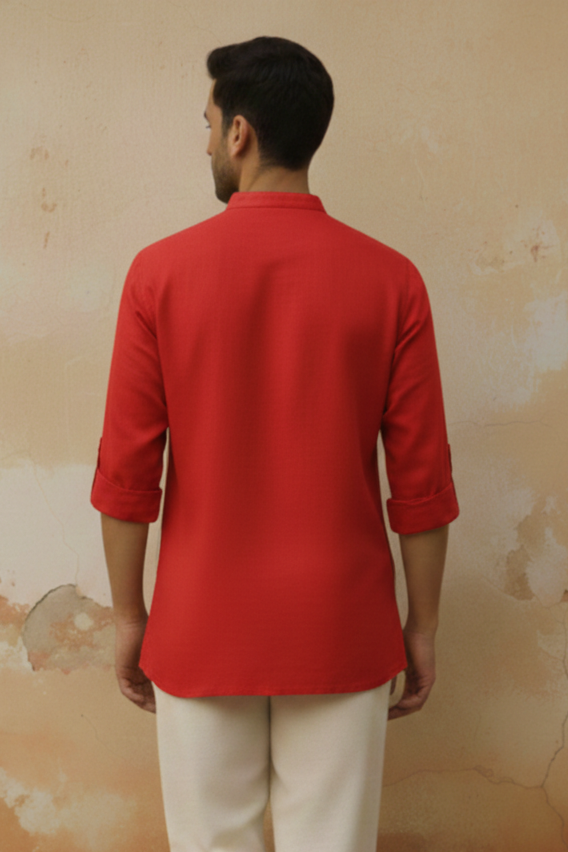 Rust Orange Cotton Flex Half Kurta with Hand-Embroidered Sunflower Motif.