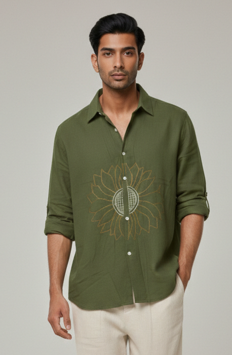 Olive Green Cotton Flex Men’s Shirt with Hand-Embroidered Sunflower Motif