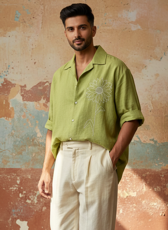 Light Green Cotton Flex Oversized Shirt with Hand-Embroidered Sunflower
