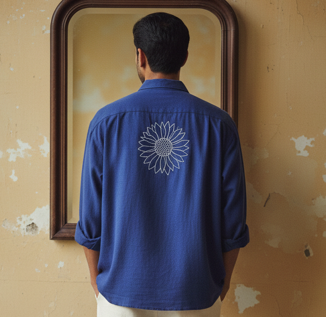 Navy Blue Cotton Flex Relaxed Fit Shirt with Hand-Embroidered Sunflower