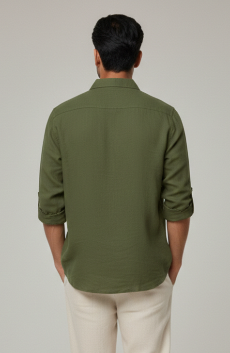 Olive Green Cotton Flex Men’s Shirt with Hand-Embroidered Sunflower Motif