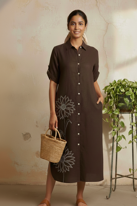 Dark Brown Cotton Flex Long Shirt Dress with Hand-Embroidered Sunflower