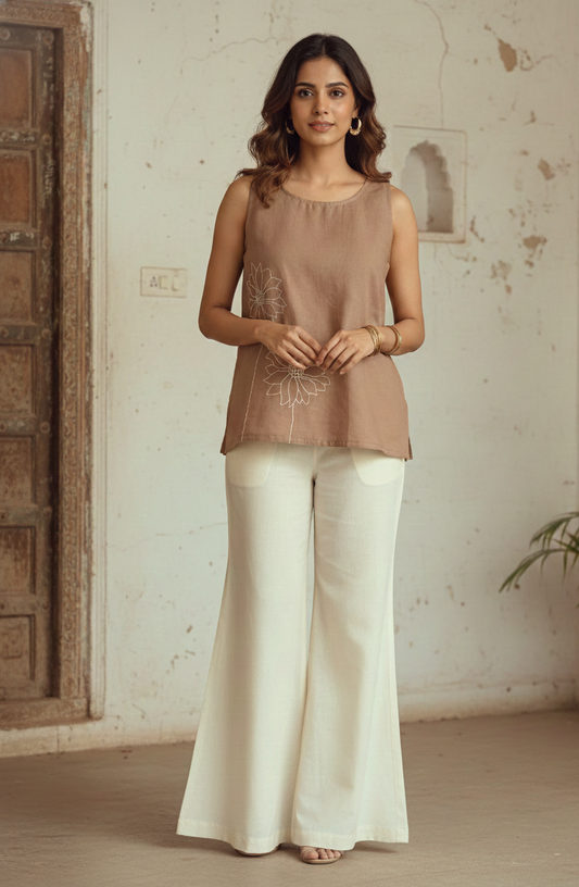 Light Brown Cotton Flex A-Line Top with Hand-Embroidered Sunflower Motif