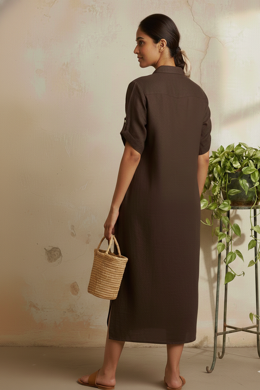 Dark Brown Cotton Flex Long Shirt Dress with Hand-Embroidered Sunflower