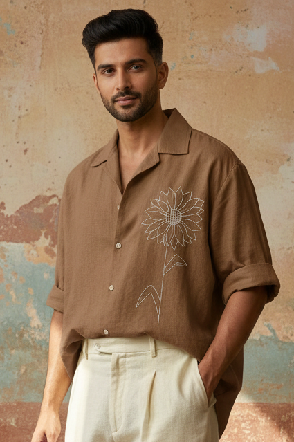 Light Brown Cotton Flex Oversized Shirt with Hand-Embroidered Sunflower.