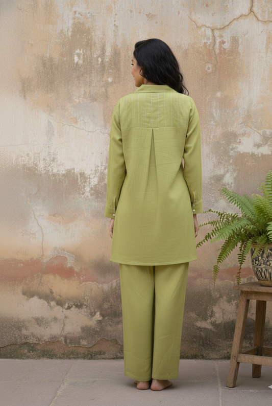 Light Green Cotton Flex Co-Ord Set with Hand-Embroidered Sunflower Motif