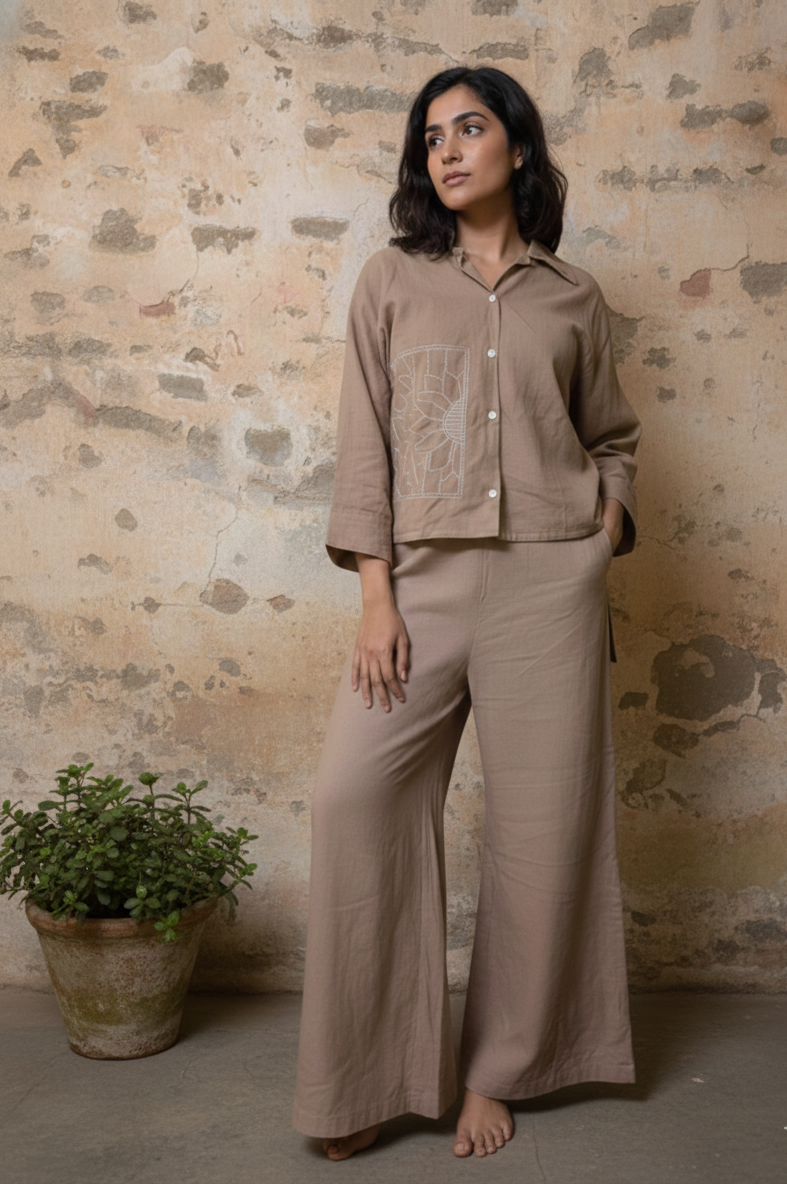 Light Brown Cotton Flex Co-Ord Set with Hand-Embroidered Sunflower Motif