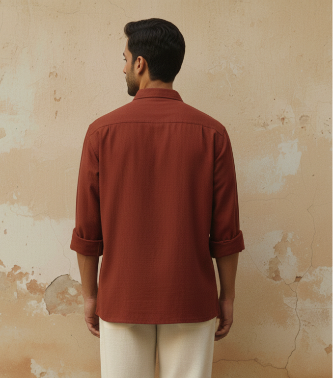 Brick Color Cotton Flex Relaxed Fit Shirt with Hand-Embroidered Sunflower Motif