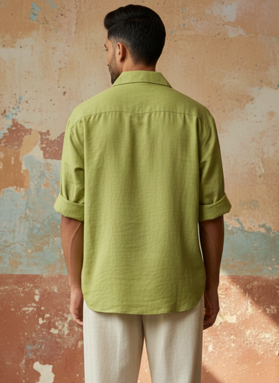 Light Green Cotton Flex Oversized Shirt with Hand-Embroidered Sunflower