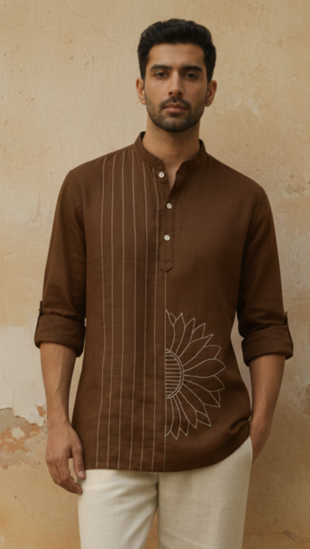 Dark Brown Cotton Flex Half Kurta with Hand-Embroidered Sunflower Motif.