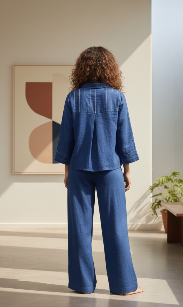 Blue Cotton Flex Co-Ord Set with Hand-Embroidered Sunflower Motif