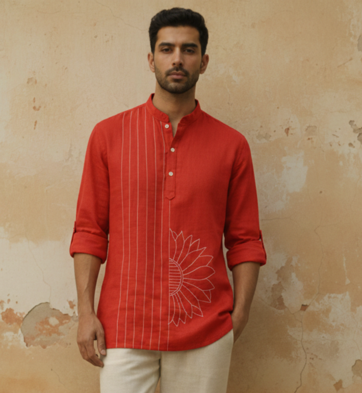 Rust Orange Cotton Flex Half Kurta with Hand-Embroidered Sunflower Motif.