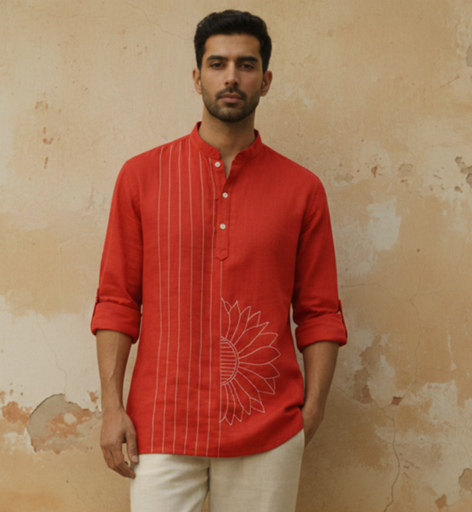 Rust Orange Cotton Flex Half Kurta with Hand-Embroidered Sunflower Motif.