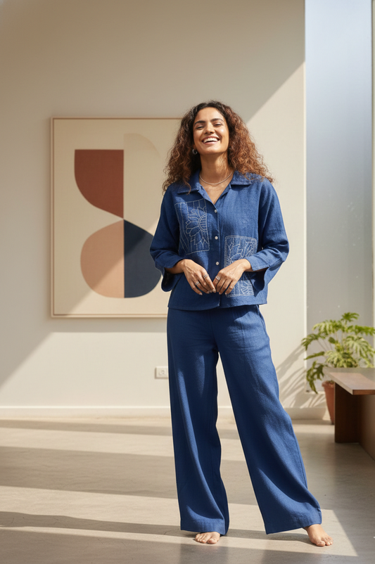 Blue Cotton Flex Co-Ord Set with Hand-Embroidered Sunflower Motif