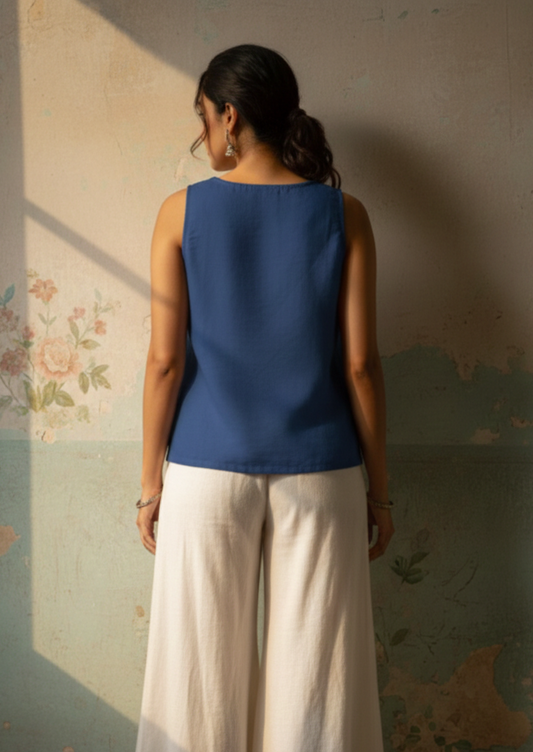 Navy Blue Cotton Flex A-Line Top with Hand-Embroidered Sunflower Motif.