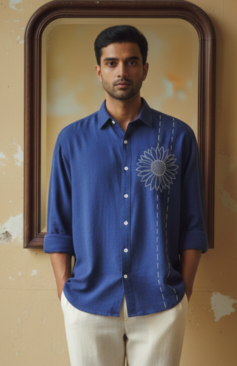 Navy Blue Cotton Flex Relaxed Fit Shirt with Hand-Embroidered Sunflower