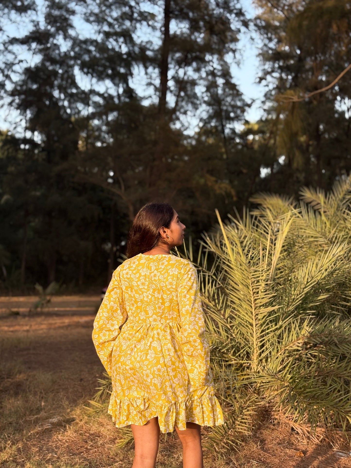 Mustard Floral Flared Cotton Dress