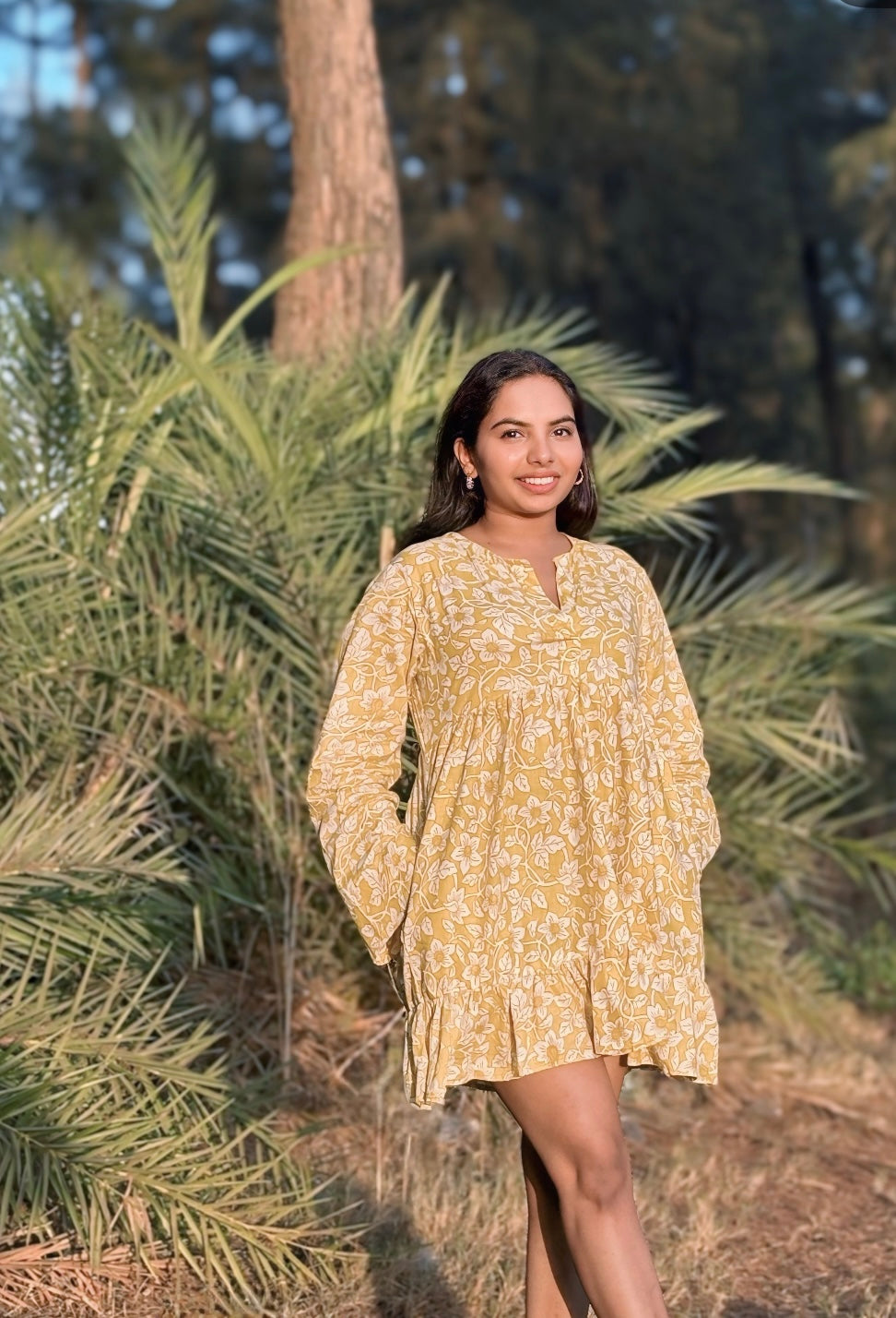 Mustard Floral Flared Cotton Dress